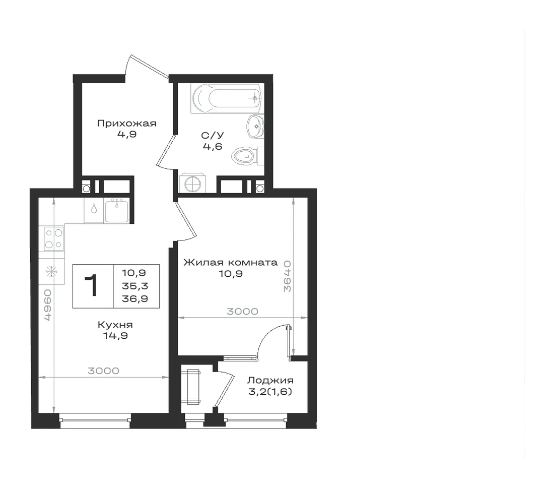 Планировка квартиры с одной спальней 36,9 м²
