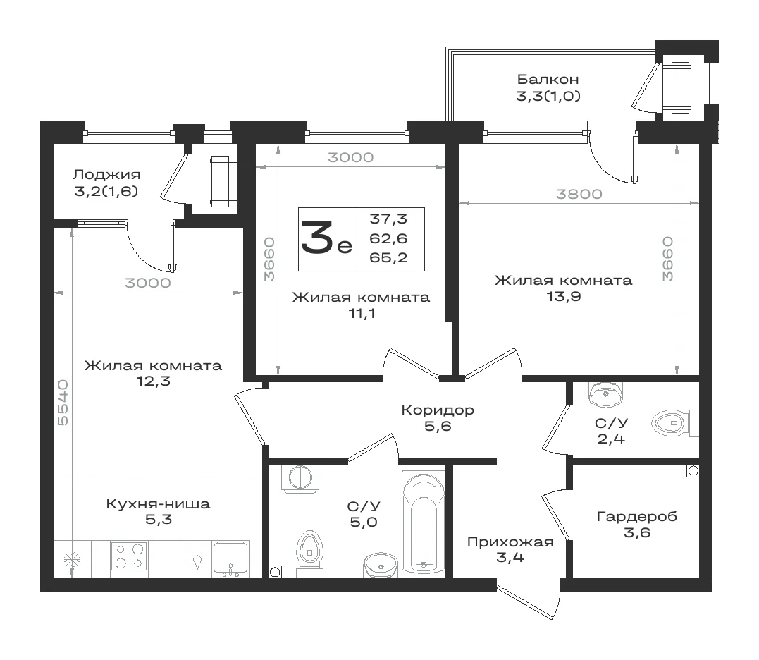 Планировка квартиры с тремя спальнями 65,2 м²
