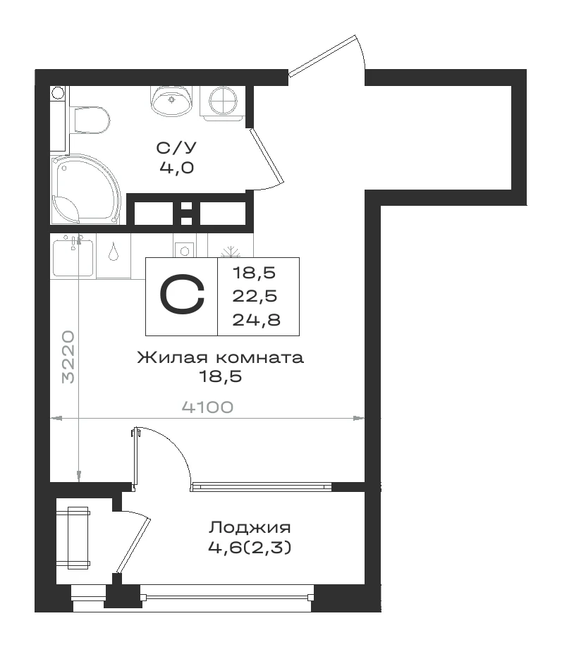 Планировка квартиры-студии 24,8 м²